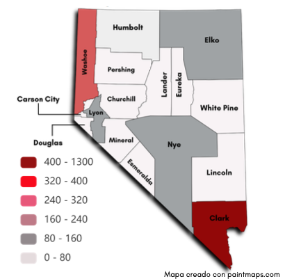 Un mapa de calor de Nevada demostrando la frecuencia de infracciones relacionadas con la seguridad de pasajero/as infantiles por condado.