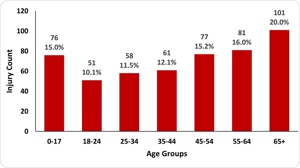 A bar graph showing E-micromobility Injury Demographics by Age Groups