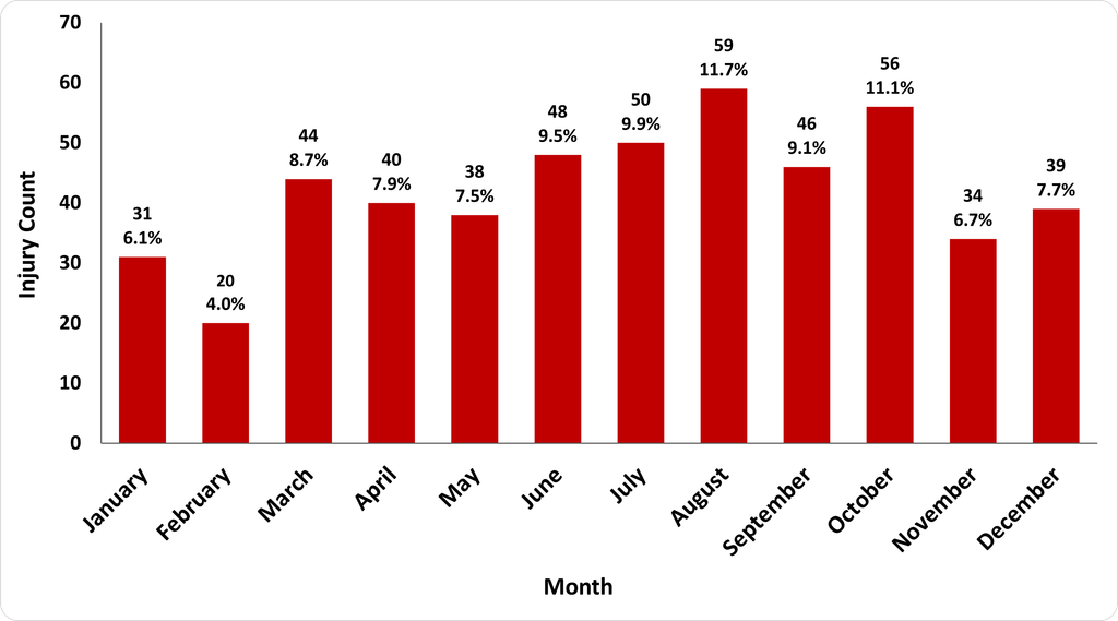 A bar graph showing monthly Distribution of E-micromobility Injuries